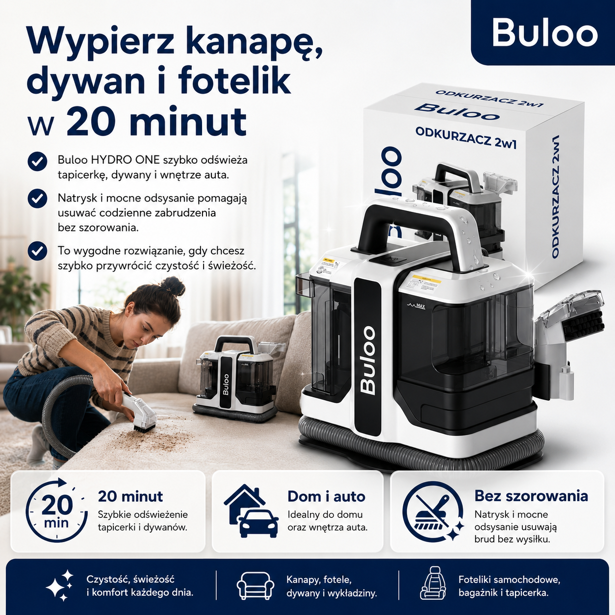 Buloo HYDRO ONE -  wypierz kanapę, dywan i fotelik w 20 minut